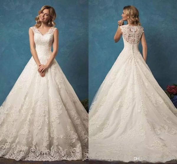 

full lace appliques wedding dresses vneck amelia sposa arabic dubai sweep train long vintage bridal gowns, White