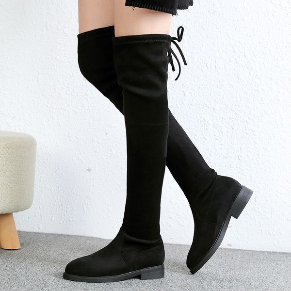 

black elastic flock slim fit over the knee boots women 2019 winter thigh lace up ladies low chunky heels long thigh high botas