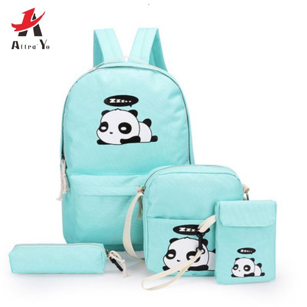 

4pcs/set canvas women backpacks schoolbag printing cute panda school bag backpack for teenager girls rucksack moclila sac
