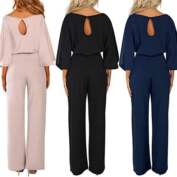 

women solid jumpsuit elegant lace up batwing sleeve loose rompers casual romper wide leg overalls with belt workwear, Black;white