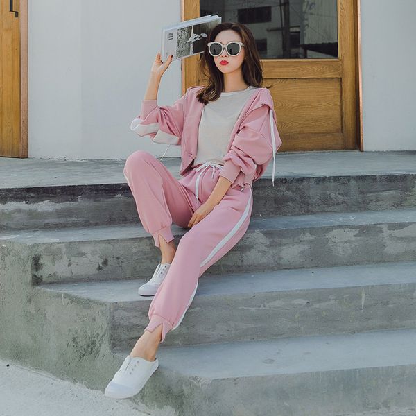 

women autumn tracksuits stripes two piece set hoodies casual sports suit, White