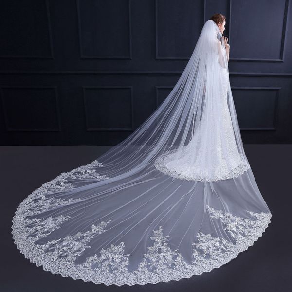 

2019 one layer ivory 3.5m wedding brial veils lace applique cathedral long bridal veil for ball gown wedding dresses, Black