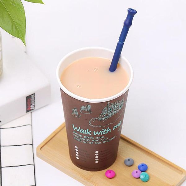 

4colors silicone straw kitchen accessories reusable folding silicone drinking straw with cleaning brush bar drinkware