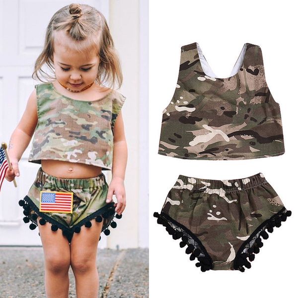 

2018 brand new toddler infant kids baby girl clothes camo romper crops vest+shorts tassel pants 2pcs outfit sunsuit 3m-3t, White