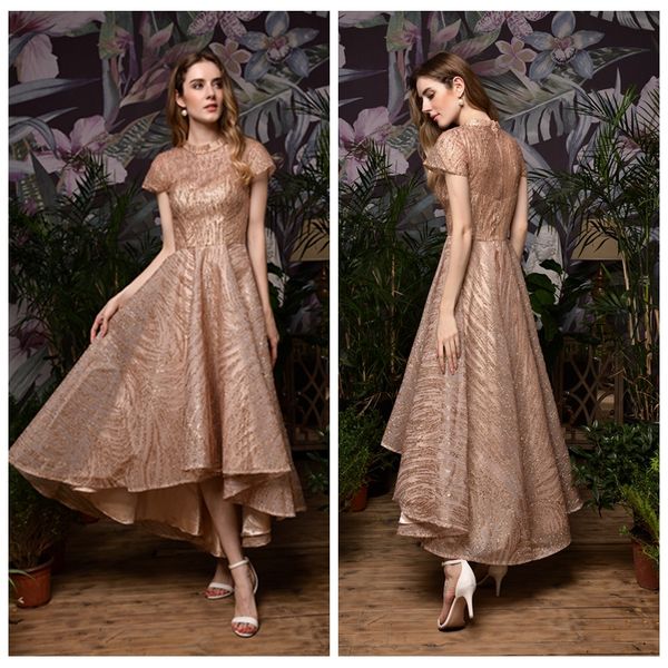 

m28383 очаровательный драгоценный камень шеи с коротким рукавом-line розовое золото платье выпускного вечера молния назад высокая низкая пла, Black