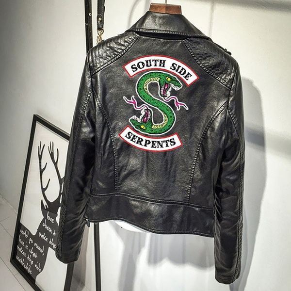 

riverdale south side serpents jacket women southside leather jacket motorcycle zipper punk coat biker jackets hip hop streetwear, Black