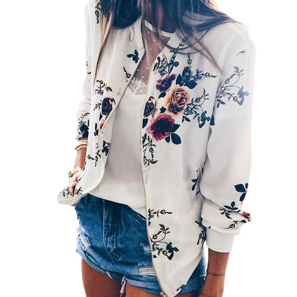 

new 2019 women basic thin floral print casual slim jackets coats femme long sleeve stand collar zipper jacket outwear coats, Black;brown