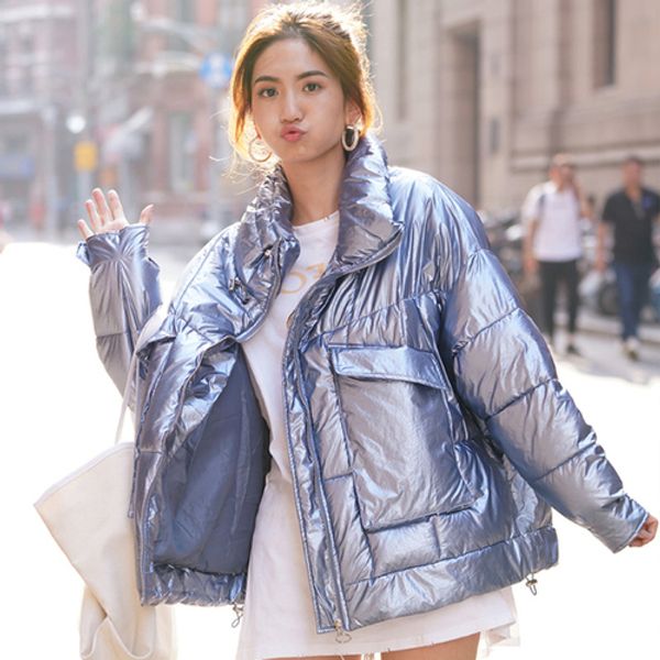 

2019 winter new arrival women bright bread down jacket and coat parkas fashion oversize loose designer silver pink coats clothes, Black