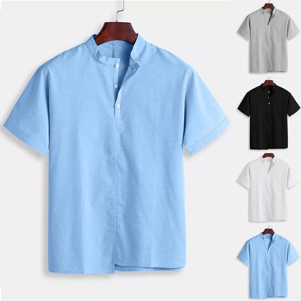 

jaycosin shirts men's baggy cotton linen solid stand collar short sleeve soft slim shirts linen blouses men's clothes 507, White;black