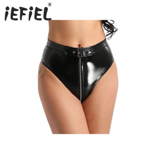 

fashion women female lingerie triangle panties wet look pvc high cut front zippered with belt briefs underwear for nightwear, Black;pink