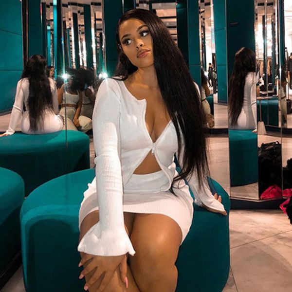 

ladys fashion clothing suits womens two-piece long-sleeved shirt + skirt womens solid color double zipper sets sale, White