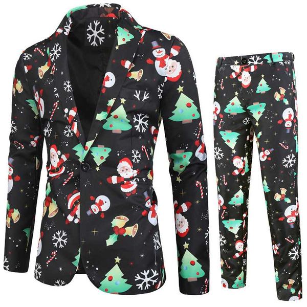 

men's suit autumn and winter new fashion casual suit christmas 3d printed blazers with trousers 2-piece set, White;black