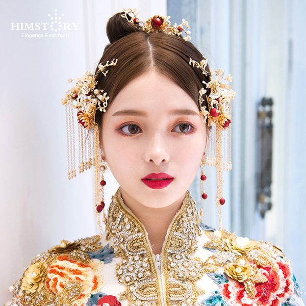 

retro chinese style red pearl butterfly wedding hair accessories vintage bridal headdress wedding hairpins hair accessories, Golden;white
