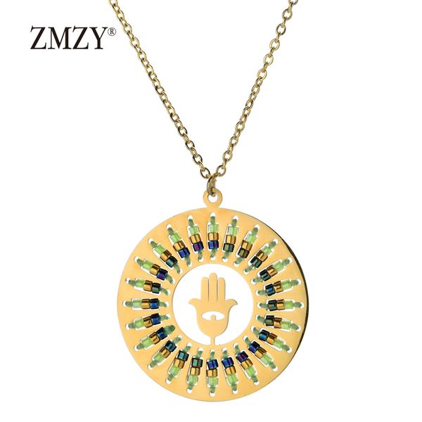 

zmzy vintage amulet new design bohemian hamsa fatima hand necklace pendant colorful chain boho gold stainless steel jewelry, Silver