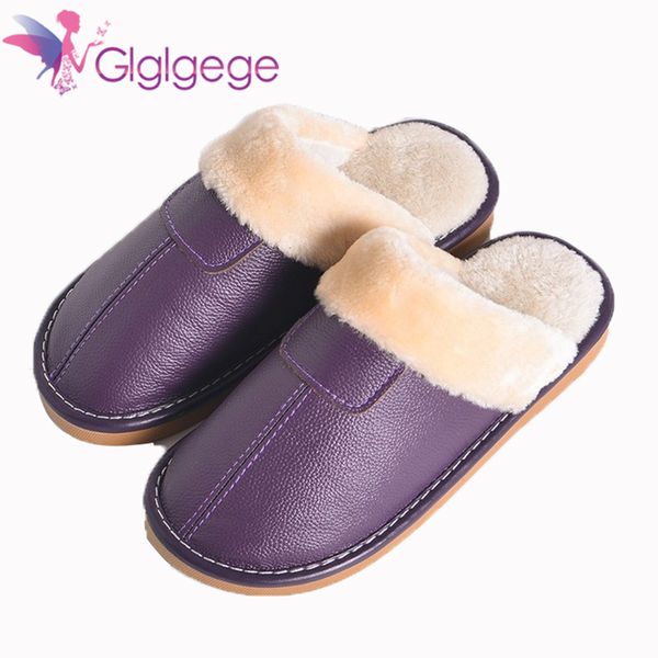 

glglgege 4 colors 2019 new genuine leather home slippers women slippers plush warm indoor shoes women size, Black