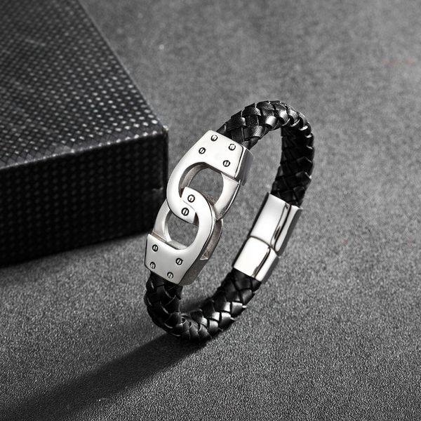 

moge trendy black genuine leather bracelet men cool stainless steel cuff chain leather bracelets&bangles for male bracelets