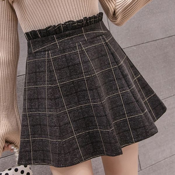

hairy plaid women's skirt women korean fashion skirts 2019 high waist skirt vintage a-line autumn winter skirts womens, Black