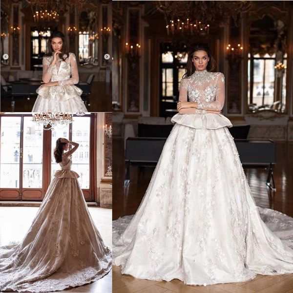

milla nova puffy skirt princess wedding dresses with long sleeve 2020 luxury lace 3d floral peplum arabic dubai bride wedding dress, White