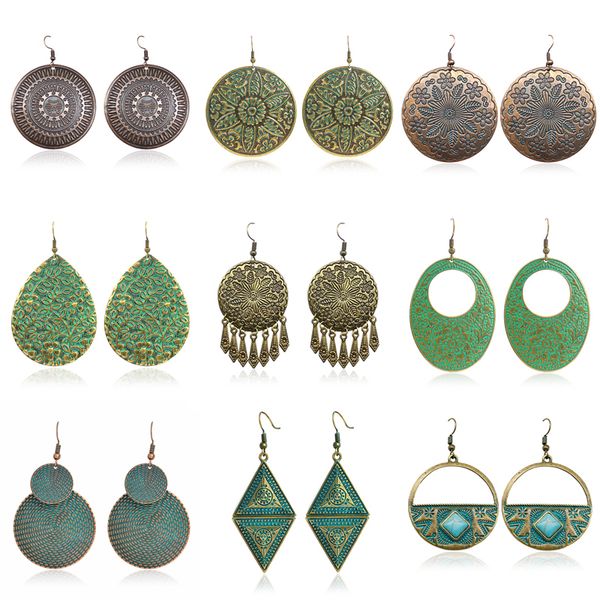 

bohemian round geometric earring vintage carved flower leaf vine branch totem hollow fan shape natural stone women charm jewelry, Silver