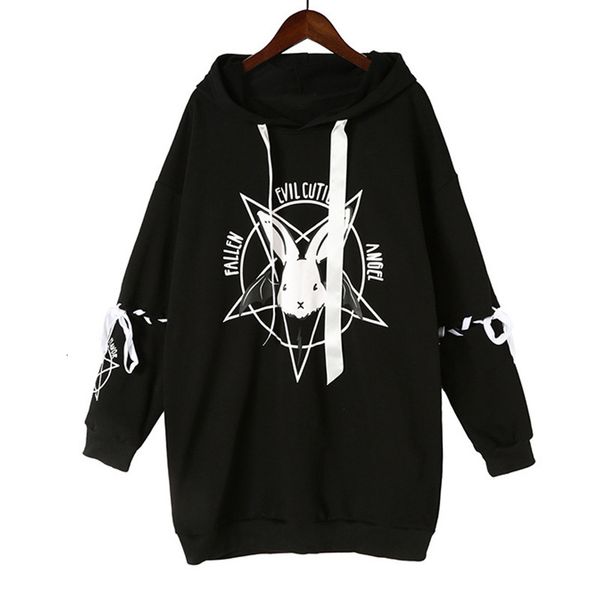 

focal harajuku pentagram print lace up women fleeces hoodies gothic punk oversize velvet hooded sweatshirt pullover streetwear, Black
