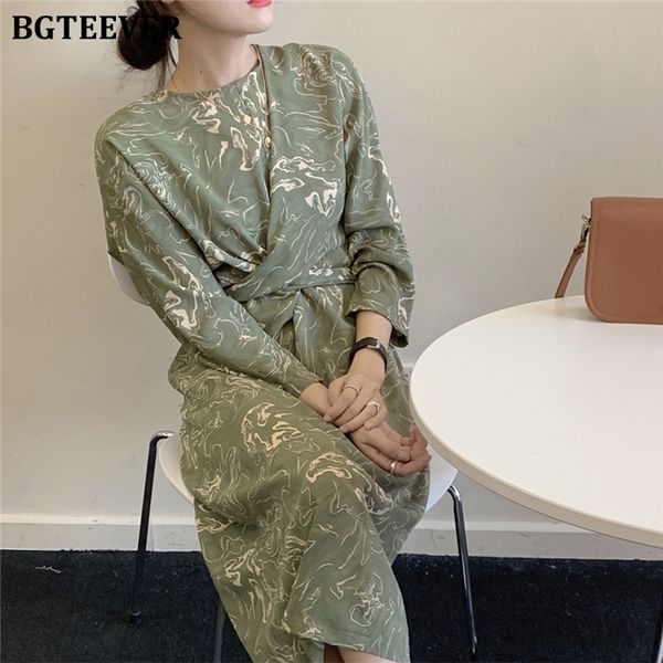 

bgteever vintage o-neck print women dress elegant lace up female straight dress full sleeve summer midi vestidos femme 2020, Black;gray
