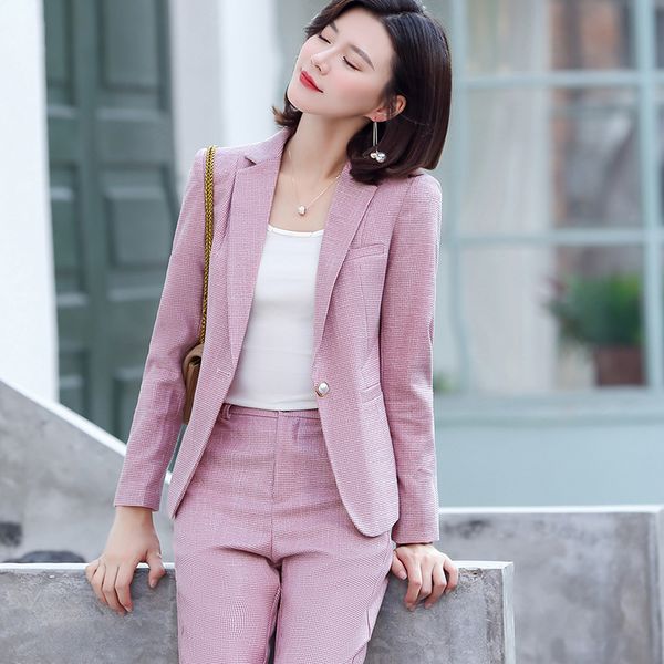 

new 2020 female formal elegant plaid women office lady pant suits of business blazer suit jackets long trouser two pieces set, White;black