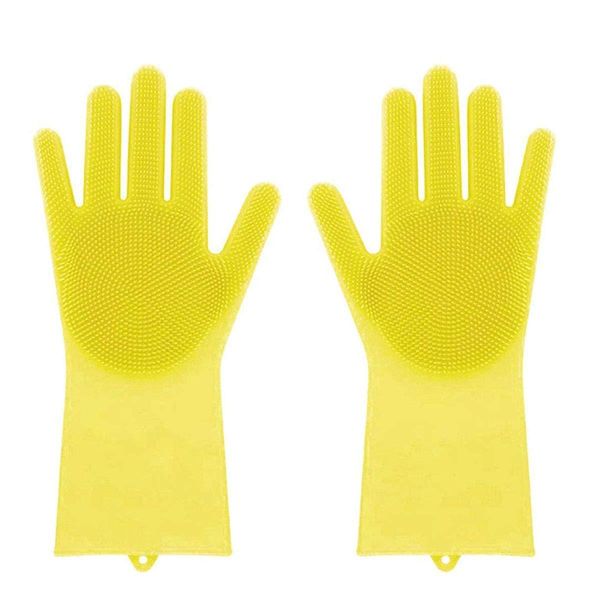 

magic saksak silicone gloves dishwashing gloves with cleaning brush scrubber, reusable brush silicone scrubber heat resistant gloves