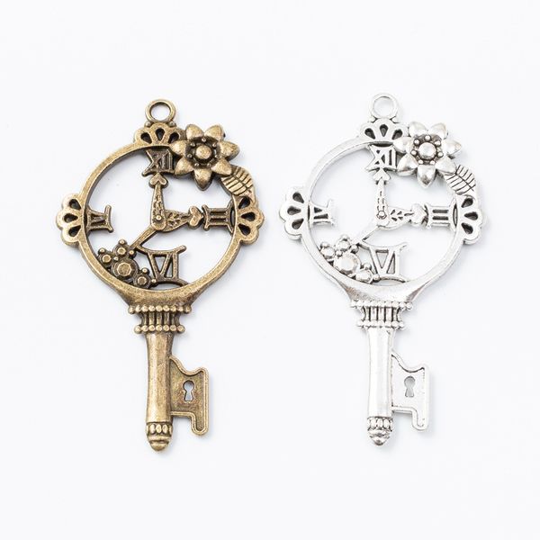 

20pcs 60*34mm vintage silver flower clock key charms antique bronze metal pendants for bracelet necklace earring diy jewelry, Bronze;silver