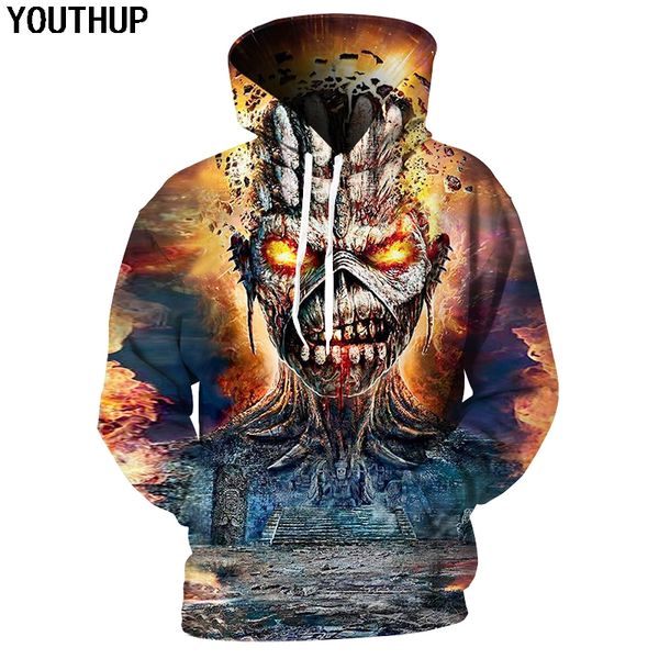 

youthup 2020 толстовки с капюшоном мужчины с длинным рукавом пуловер кофты 3d печати монстр толстовки rock прохладный tops streetwear, Black