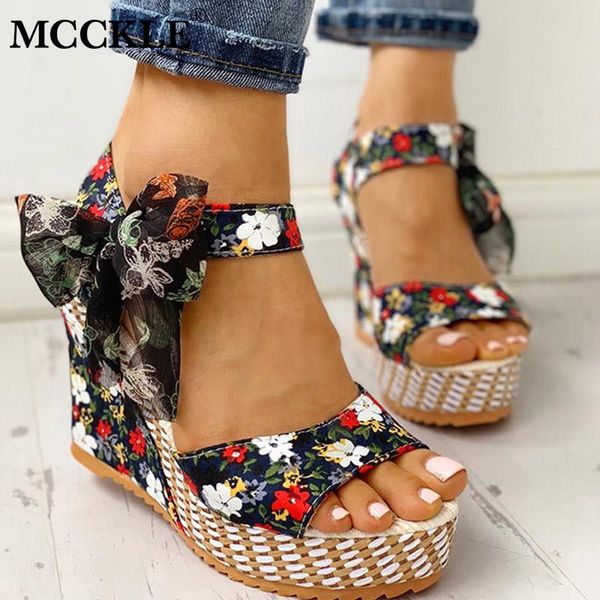 

mcckle wedge sandals women summer female floral bowknot platform high heel fashion bohemian ankle strap open toe ladies shoes, Black