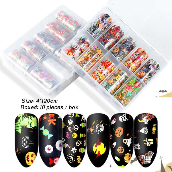 

10pcs/set christmas halloween nail art transfer sticker set 4*120cm festival styles mixed design nail foil manicure decoration, Black