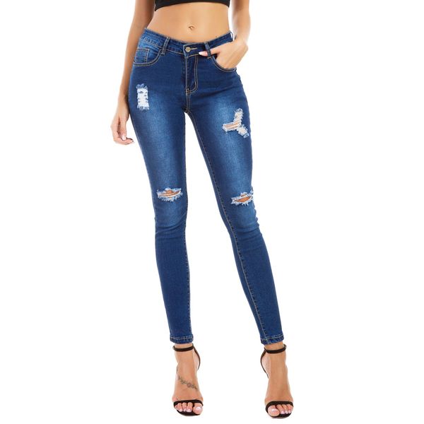 

casual skinny jeans for women vintage high waist hole slim ripped denim pencil pants high elasticity blue jeans plus size
