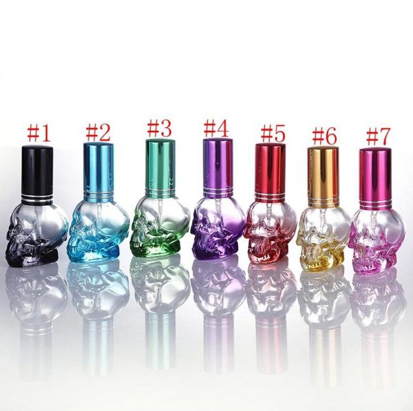 8ml reutilizável Mini vazios Viagem portátil garrafas reutilizáveis ​​Crânio forma de vidro das garrafas de perfume Amostra Garrafa Parfume 7 Cores DHL