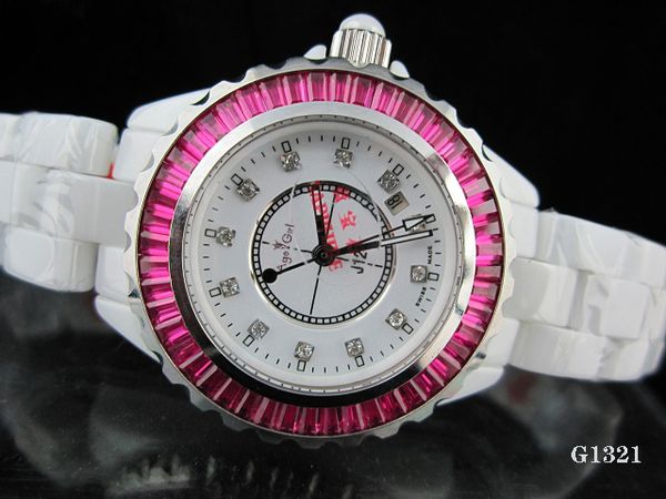 

new men women luxury japan quartz black white ceramic date diamonds round watch pink blue diamond baugettes bezel lady watches, Slivery;brown