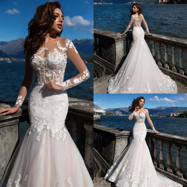 

lussano 2020 mermaid wedding dresses lace appliques long sleeves bridal gowns sweep train beach wedding dress robe de mariÃ©e, White