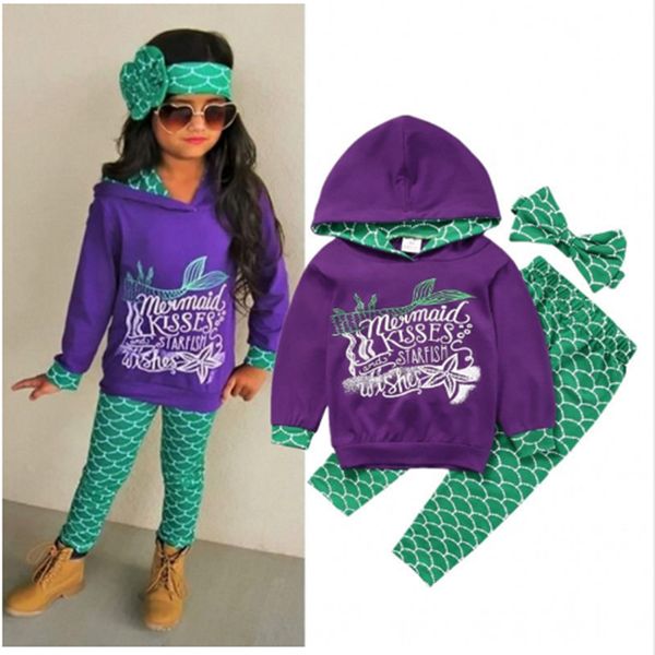 

1-6t little girl mermaid fall outfits clothes set purple long sleeve hooded & fish scale print pant & headband girls clothes, White