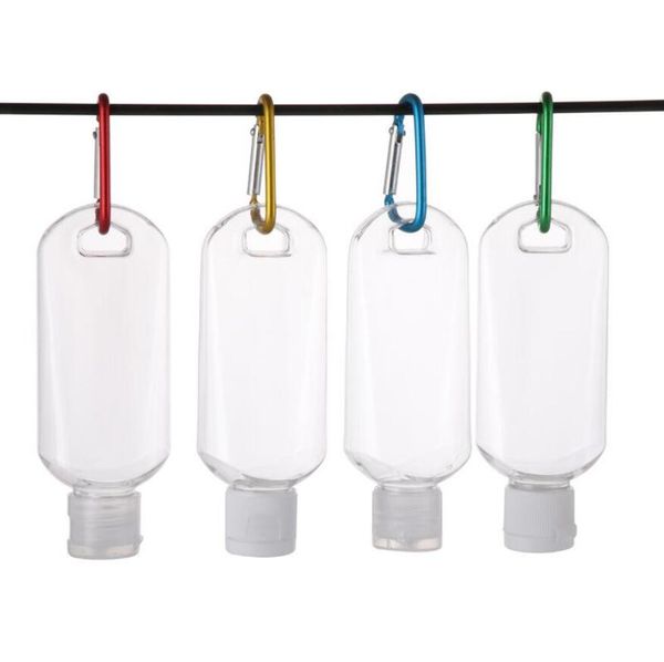 

50ml empty alcohol refillable bottle with key ring hook clear transparent plastic hand sanitizer bottle for travel dhl or ups shipping