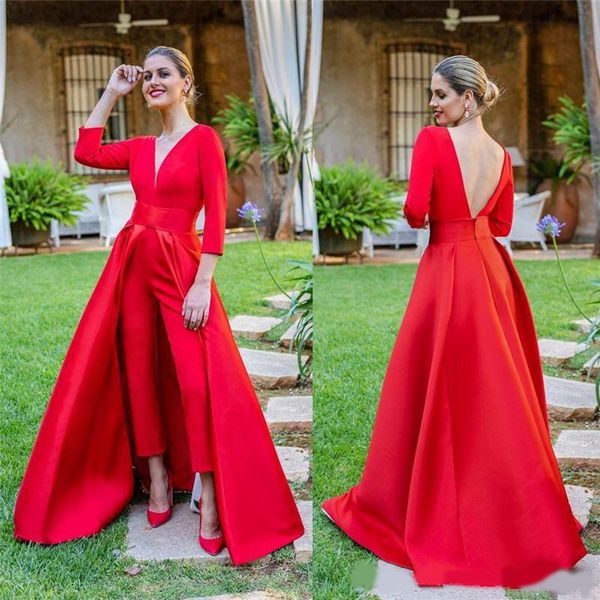 

2020 elegant red lace a line evening dresses floor length long sleeves prom gowns custom jumpsuits women formal dress prom ing, Black;red