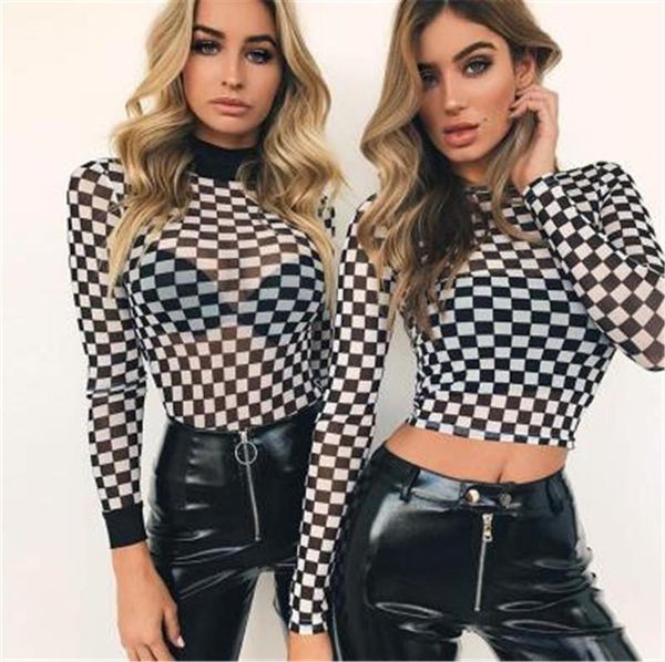 

spring women designer tshirt fashion perspective black and white checkered pattern long sleeve new women clothing