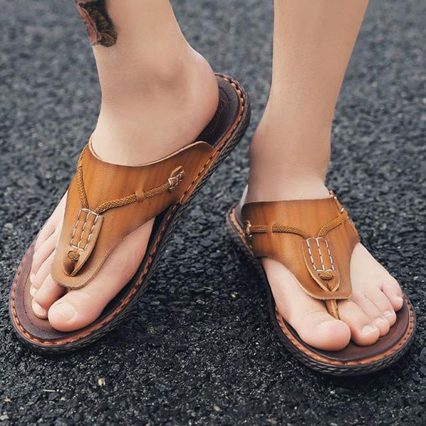 

men genuine leather slippers flip flops beach sandals summer luxury man shoe breathable non-slip outdoor slippers mens slides, Black