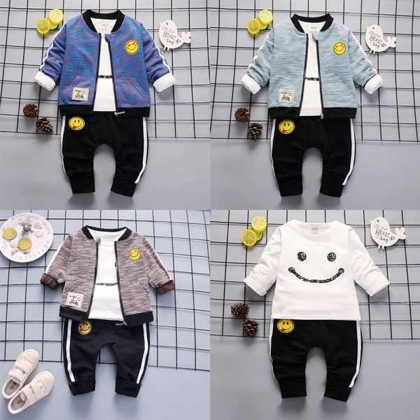 

2019 new style spring&autumn cotton zipper round collar smiling face with coat long sleeve and trousers three pieces for boys and girls, White