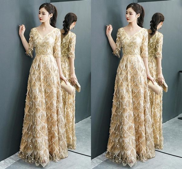 

2019 gold/burgundy v-neck tassel sequin half sleeves evening dress women elegant long prom party dress vestidos de noiva, White;black