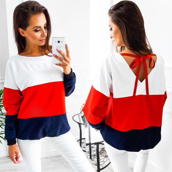 

autumn winter o -neck long sleeve loose pullovers back v collar warm blouse women knitted sweatshirts pull femme slim, Black