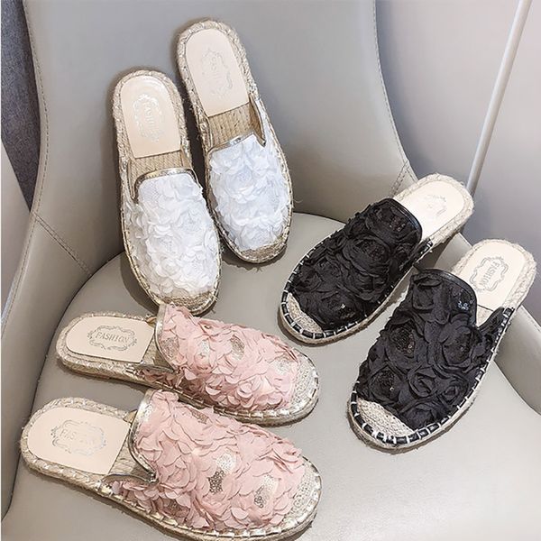

women summer slippers beach flower sequin slides flat heel espadrilles bohemia boho shoes, Black