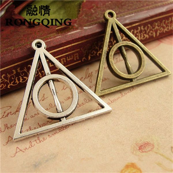 

rongqing 33*30mm 20pcs/lot deathly hallows triangle pendants necklaces diy metal charms, Bronze;silver