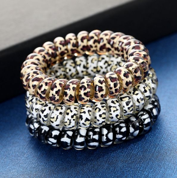 

leopard hair ties telephone wire hair ropes gum rubber hairband ponytail holder children headwear spiral shape accessories 3 colors d4752, Slivery;white