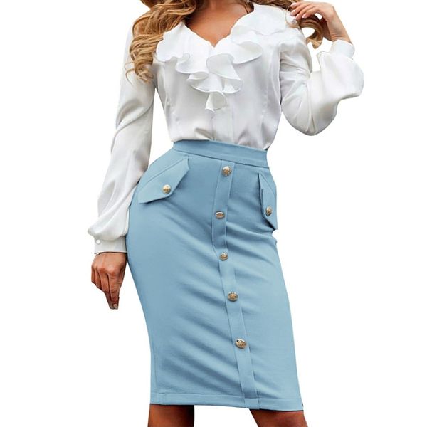 

skirt women business tight fork opening button pencil skirt ladies high waist solid color simple falda mujer modisbb4, Black