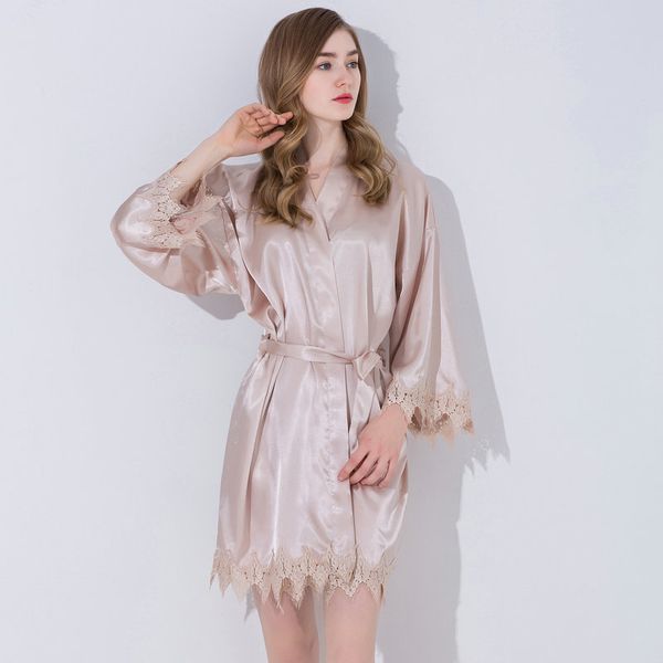 

2019 silk satin lace silk robe trim gown wedding bride robes bridesmaid kimono sleepwear for bridal party clothing champagne new, Black;red