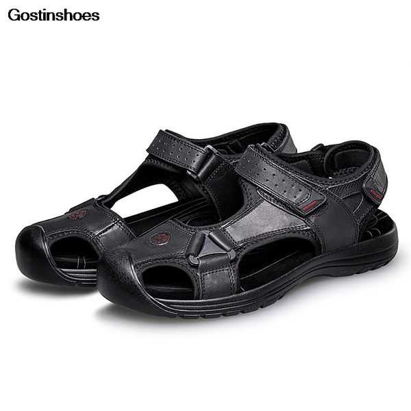 

men sandals genuine leather sandal pria cowhide beach casual shoes sandale homme cuir, Black
