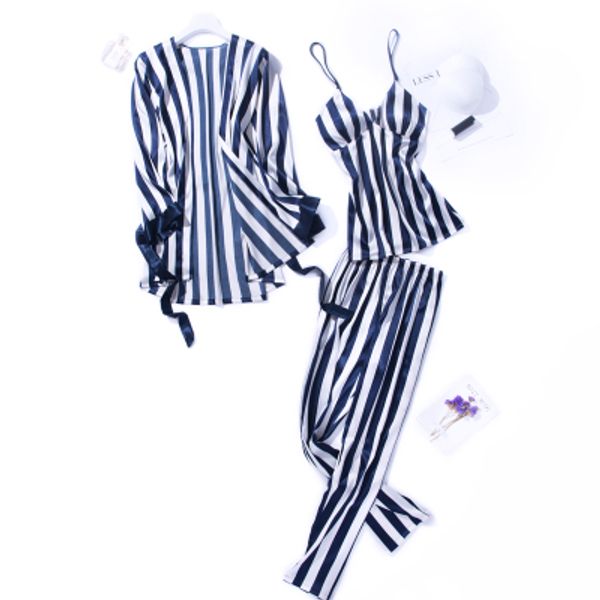 

herislim satin pajama sets for women long sleeve striped sleepwear cami pants+robe 3pcs pijama nightwear home clothes, Blue;gray